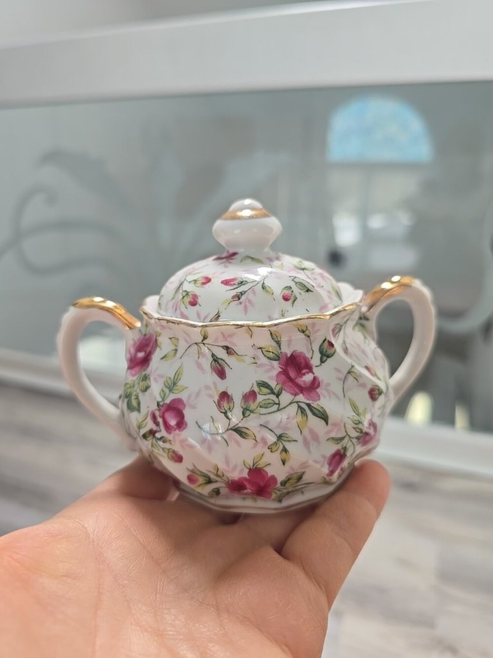 Lefton Hand Painted China Rose Chintz Sugar Bowl with Lid Made In Japan